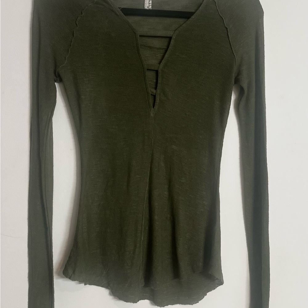 Free People Olive Green Fitted Cut Out Long Sleeve Blouse